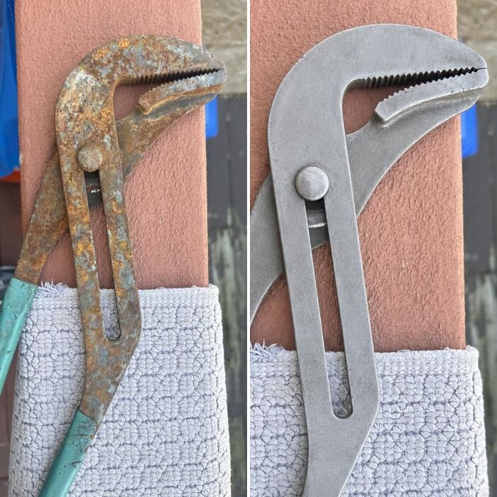 Slip joint pliers before and after treatment with the product
