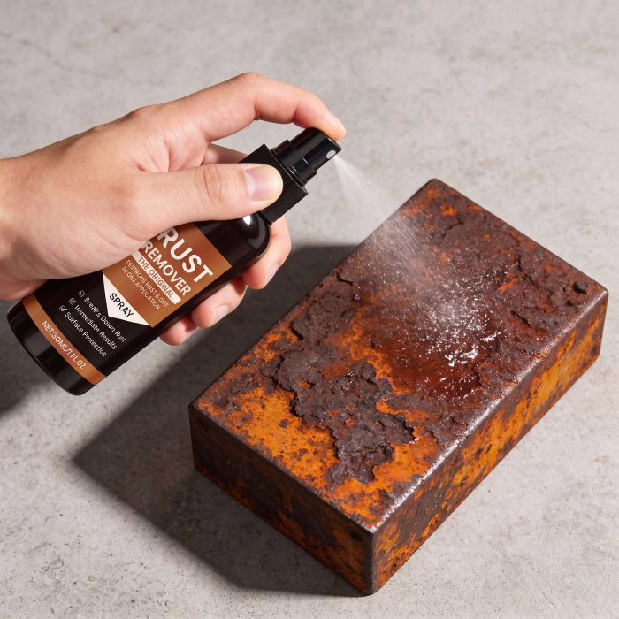 Hand spraying Rustifix onto a steel part covered in rust