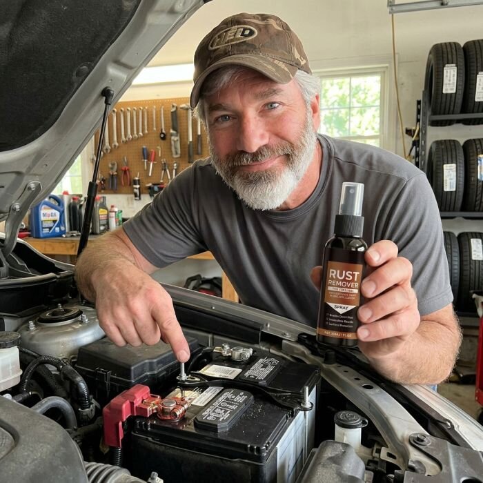 Cleaning a battery terminal under a car bonnet